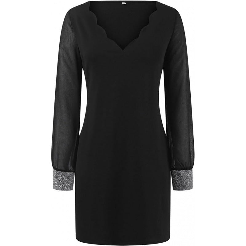 Damenabendkleid mit transparenten Ärmeln und elegantem V-Ausschnitt, Größe