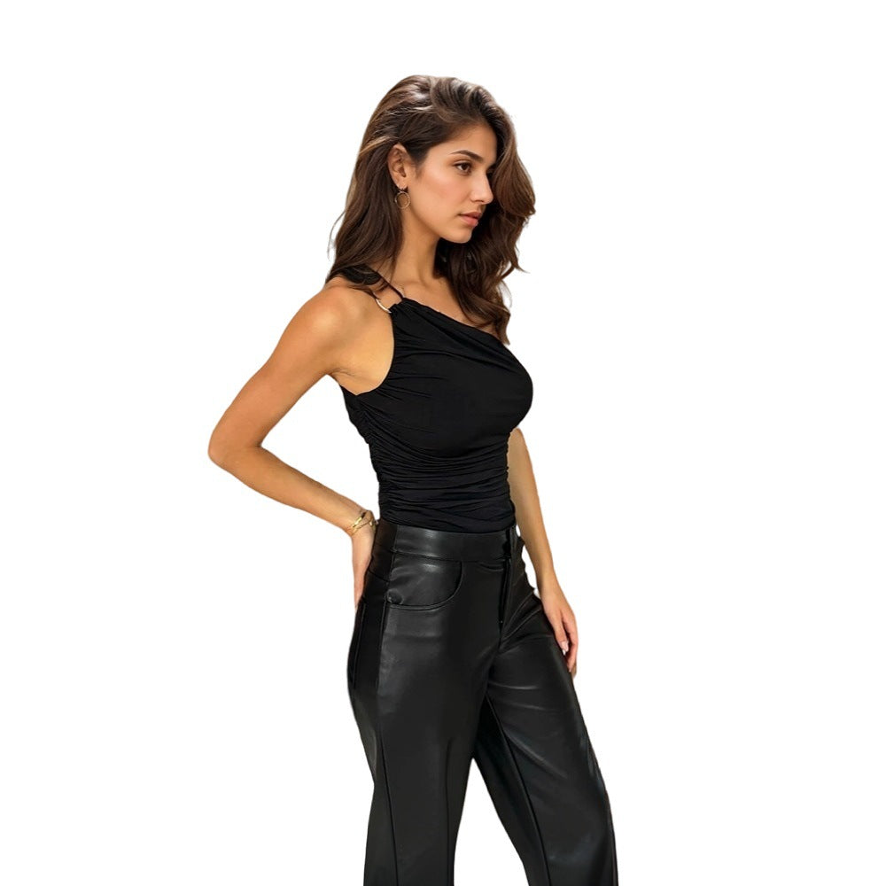 Ärmelloses Damen-Top mit elegantem Wickeldesign und modischen Rüschendetails, Größe [size]
