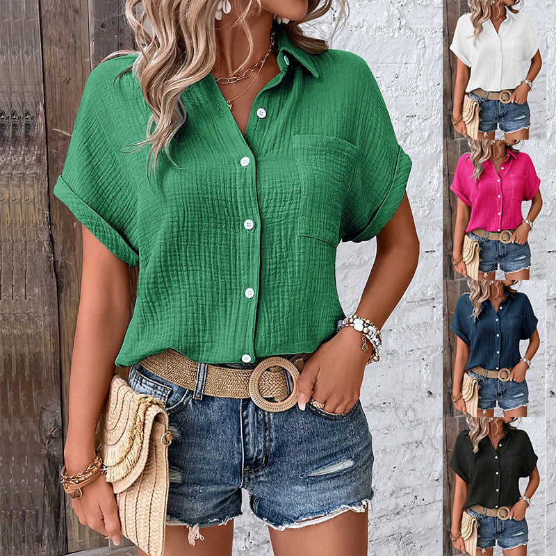 Women's casual short-sleeved shirt blouse in textured fabric, size Valenzora