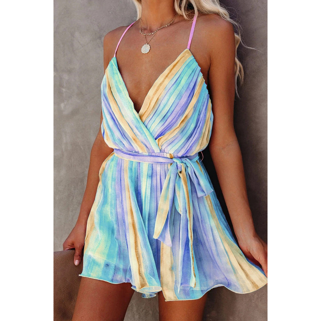 Valenzora | Spring Summer Strappy Pleated Chiffon Dress Home Lace-up Sexy V-Neck Chiffon Dress