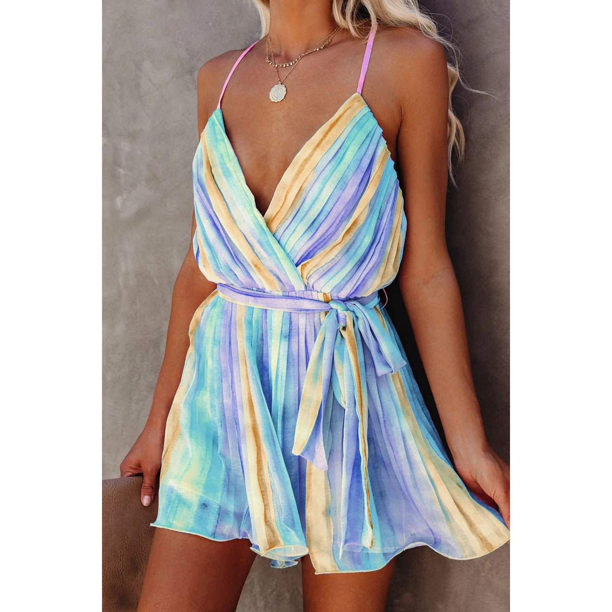 Valenzora | Spring Summer Strappy Pleated Chiffon Dress Home Lace-up Sexy V-Neck Chiffon Dress