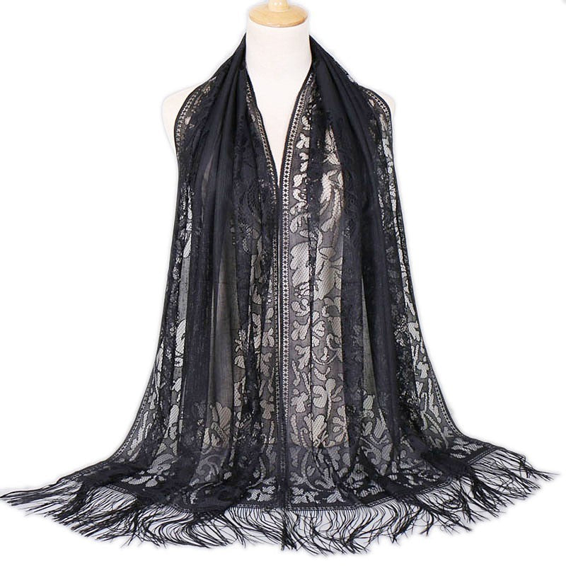 Women's long lace scarf with fringed edges, size
