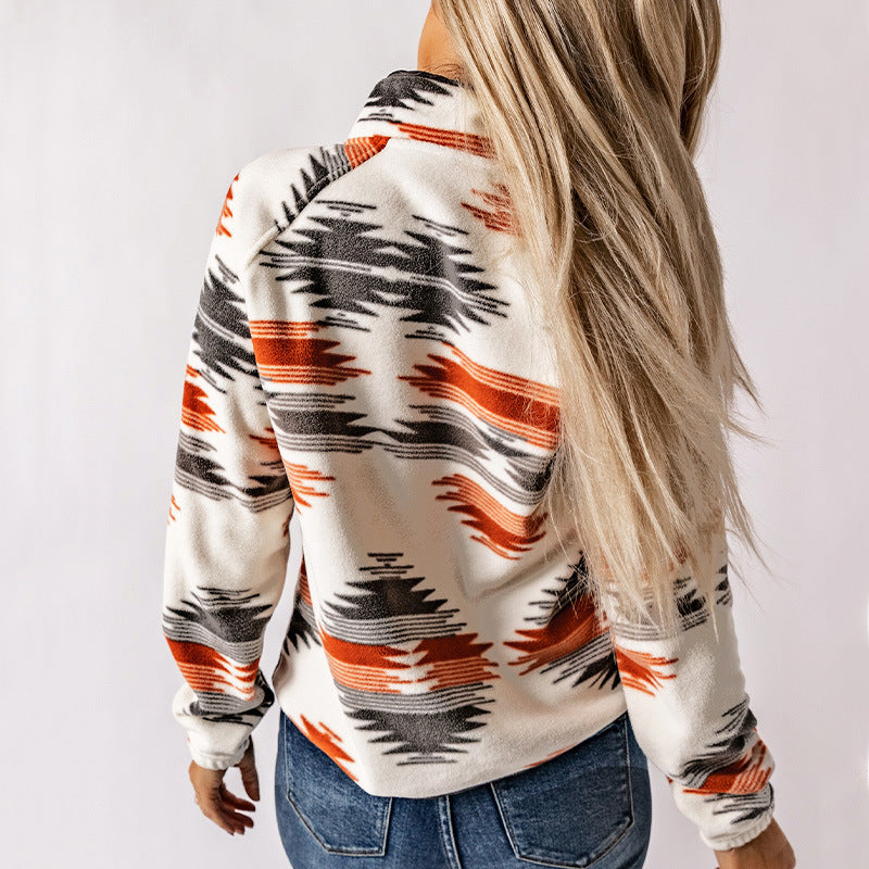 Women's cozy fleece jacket with a modern pattern and practical snap fasteners, size [size missing]