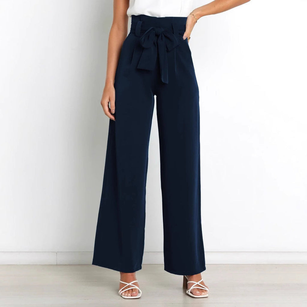 Women's elegant wide-leg trousers with waist belt, size