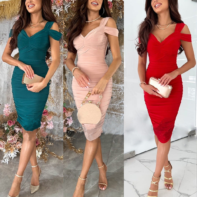 Women's bodycon dress with asymmetrical neckline and ruffle details, size