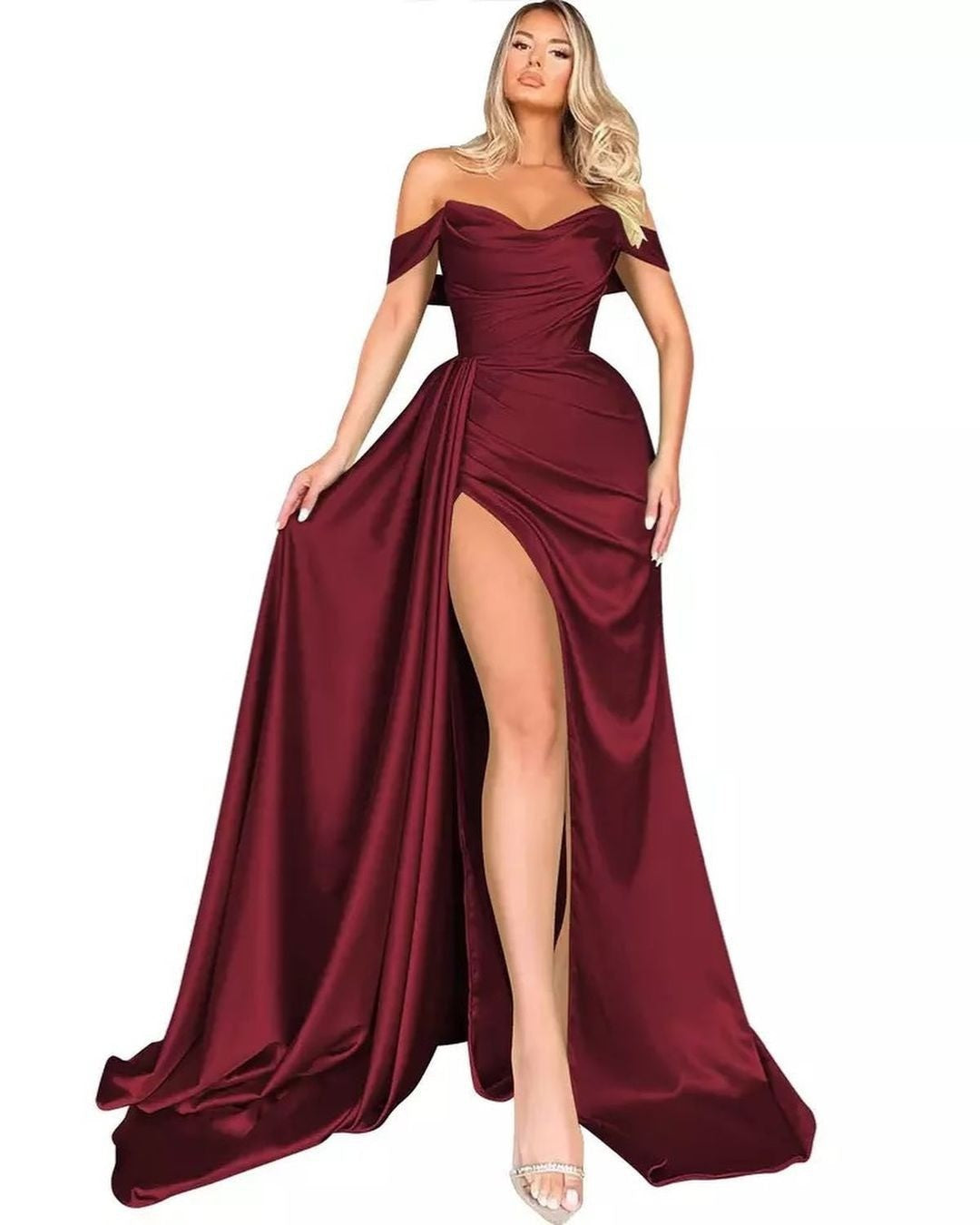 Women's off-the-shoulder evening dress with high leg slit and voluminous skirt, size [size missing]