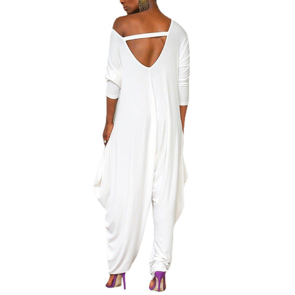 Women's oversized jumpsuit with deep V-neck and relaxed fit, size [size]