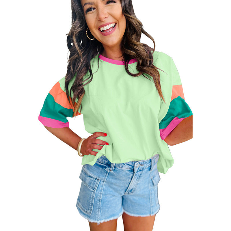 Women's casual T-shirt with colorful sleeves, size