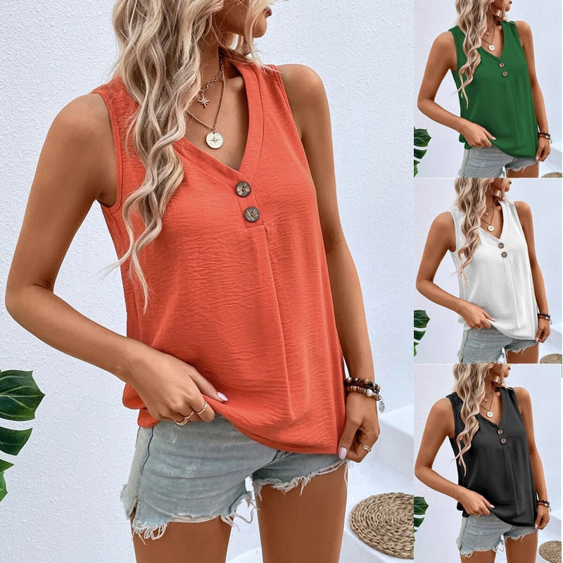 Women's sleeveless V-neck top with button details, size