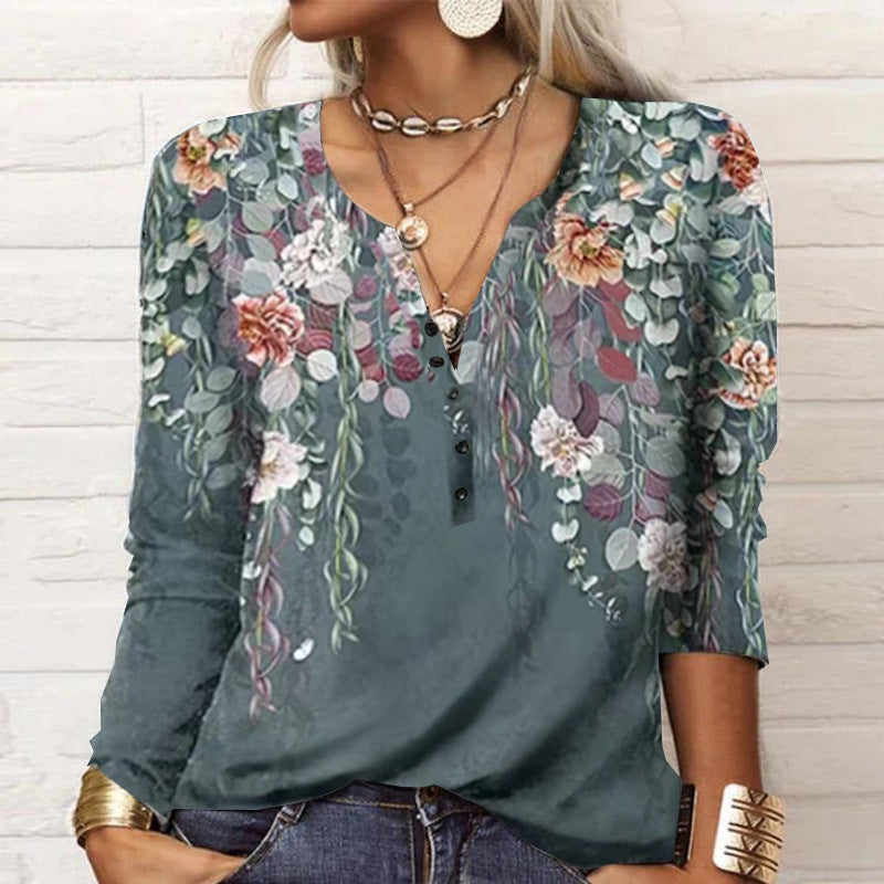 Women's long-sleeved shirt with detailed print and button placket, size