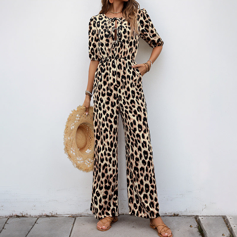 Women's casual jumpsuit with leopard print and off-the-shoulder puff sleeves, size [size]