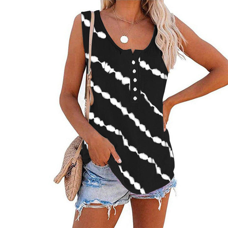 Ärmelloses Damen-Top mit Knopfleiste und modernem Batikmuster, Größe