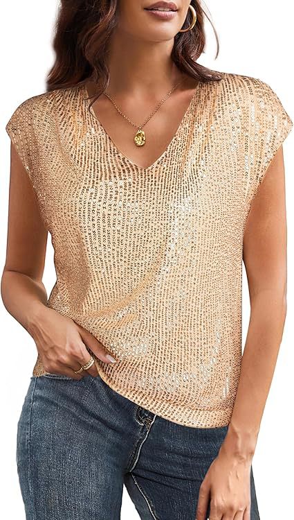 Women's glittery top with a V-neck and loose fit, size [size missing]