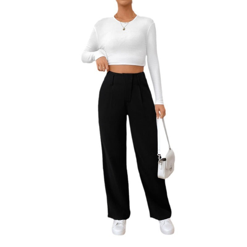Women's wide-leg suit trousers with elegant pleats and high pockets, size
