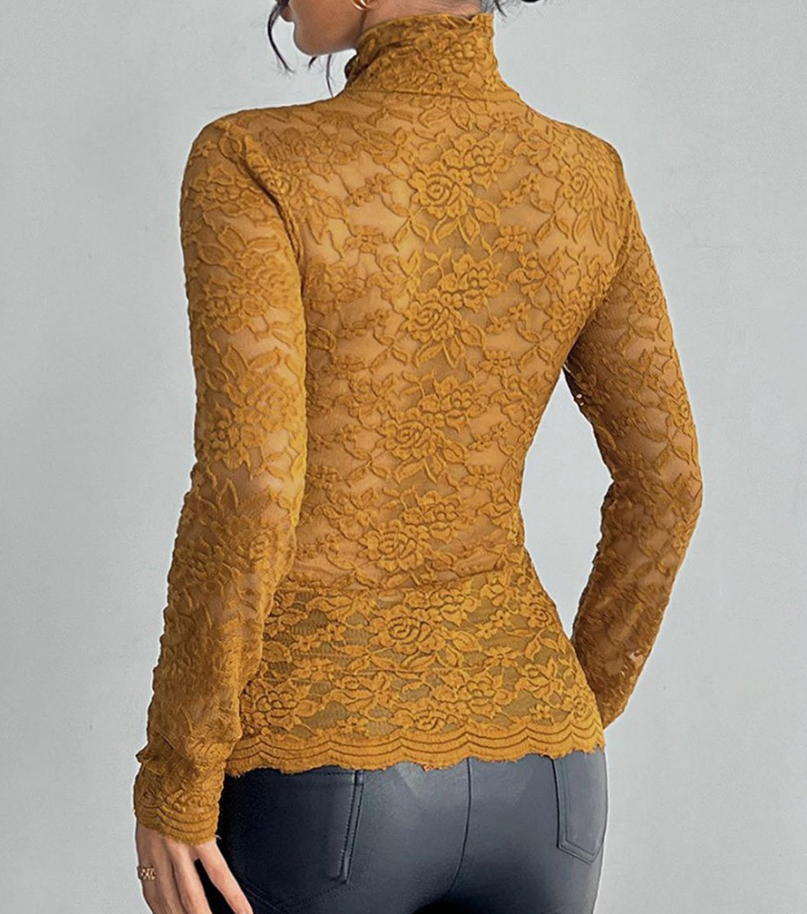 Valenzora | Lace Long Sleeve Stretchy Turtleneck T-Shirt
