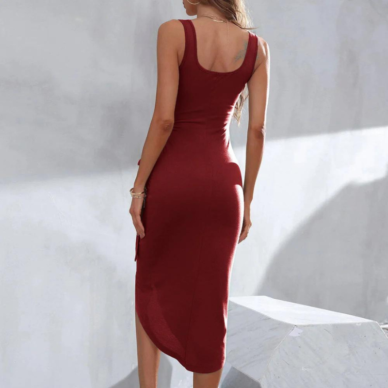 Valenzora | Elegant midi dress with asymmetrical tie belt