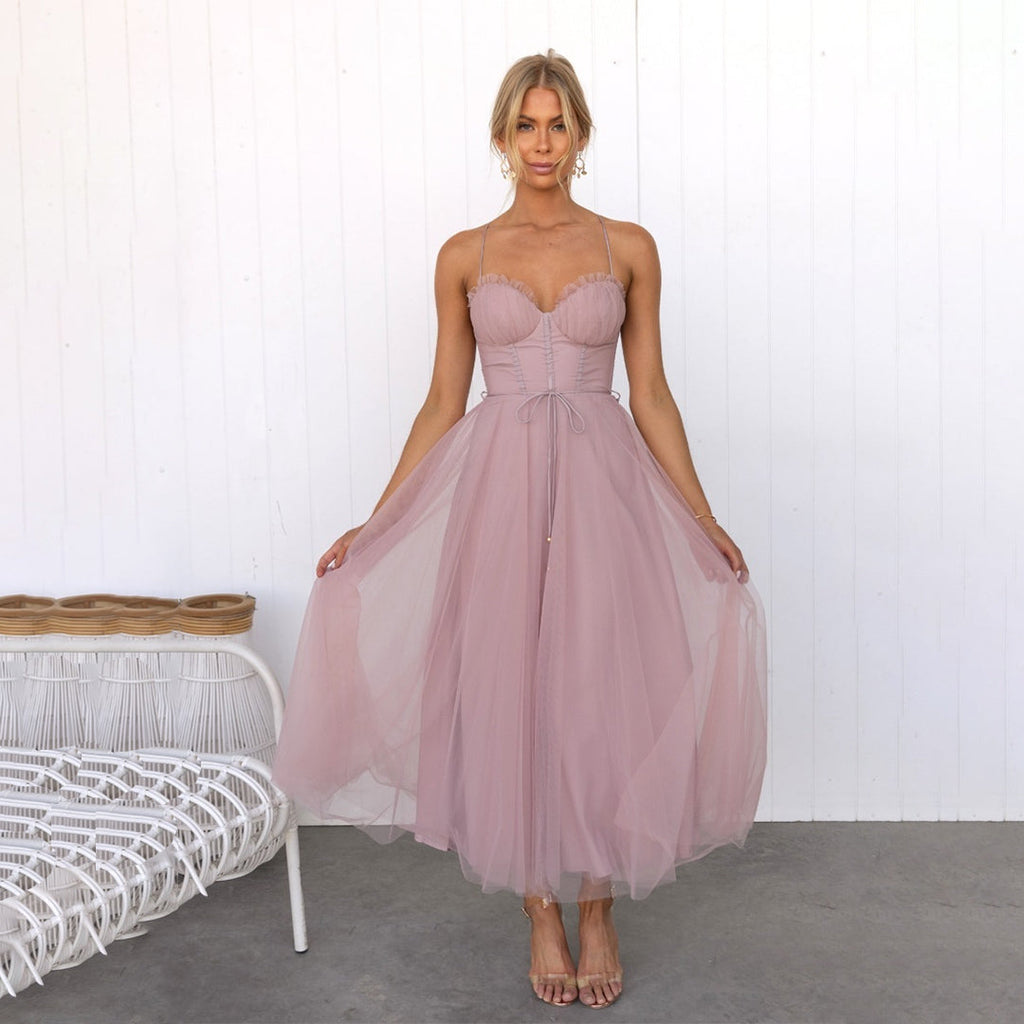 Valenzora | Luxurious sleeveless midi dress with shoulder spaghetti straps