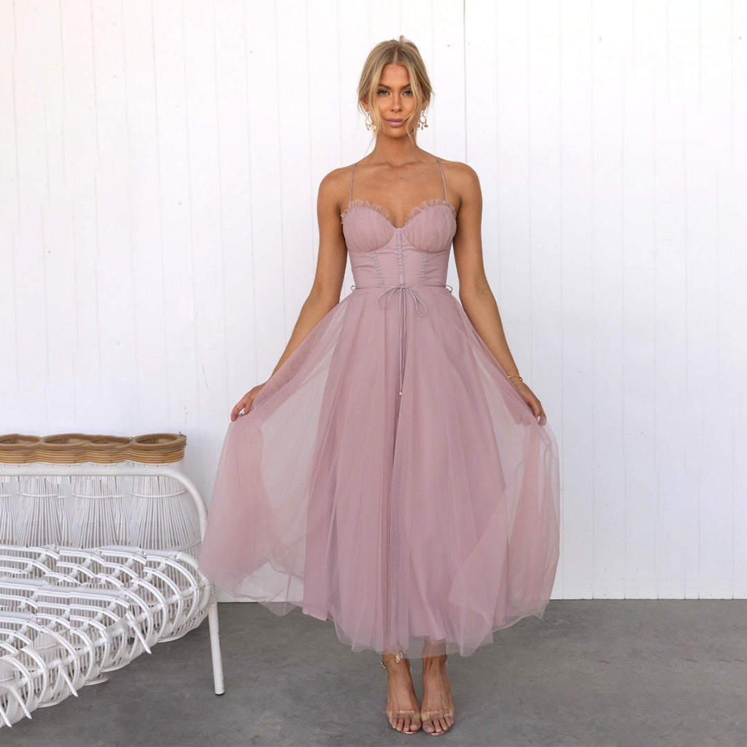 Valenzora | Luxurious sleeveless midi dress with shoulder spaghetti straps