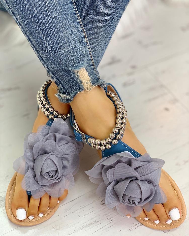 Valenzora | Comfortable floral beaded strap flat sandal