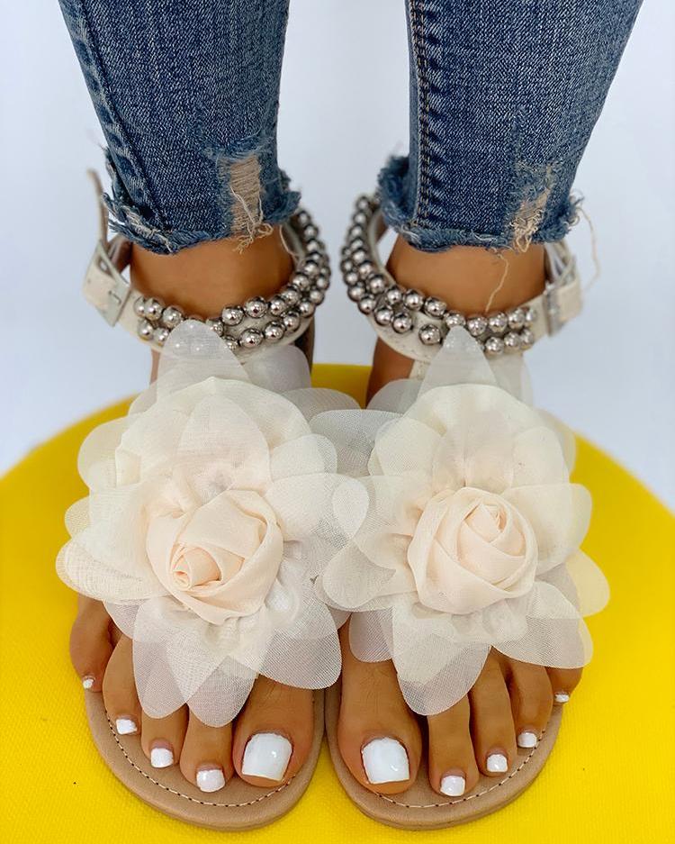 Valenzora | Comfortable floral beaded strap flat sandal