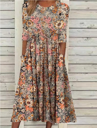 Valenzora | Midi summer dress with short sleeves and floral pattern
