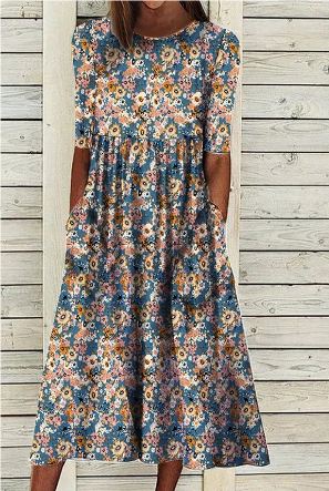 Valenzora | Midi summer dress with short sleeves and floral pattern