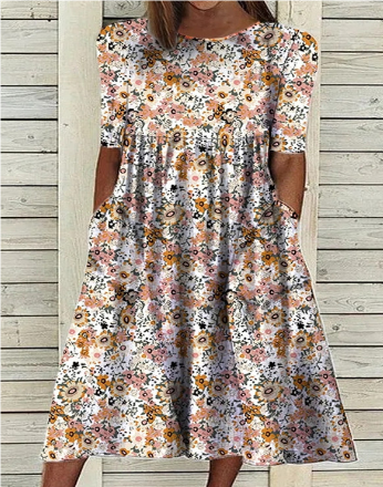 Valenzora | Midi summer dress with short sleeves and floral pattern