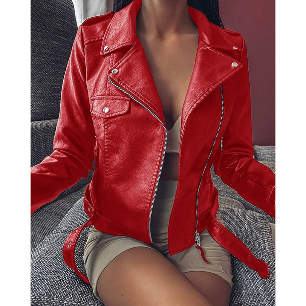 Valenzora | Black leather jacket with zipper and lapel buttons