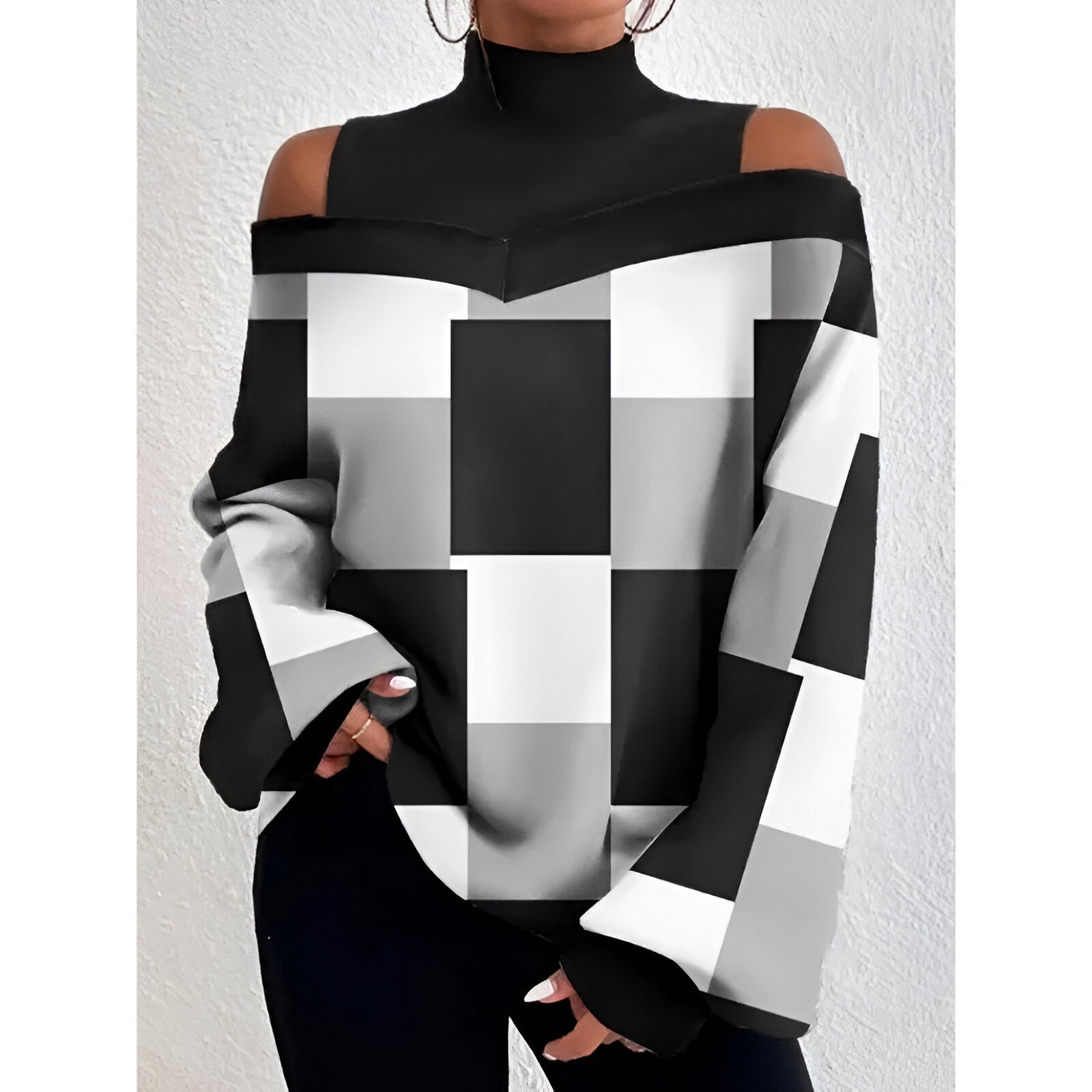 Valenzora | Sexy plaid T-shirt with off-the-shoulder sleeves