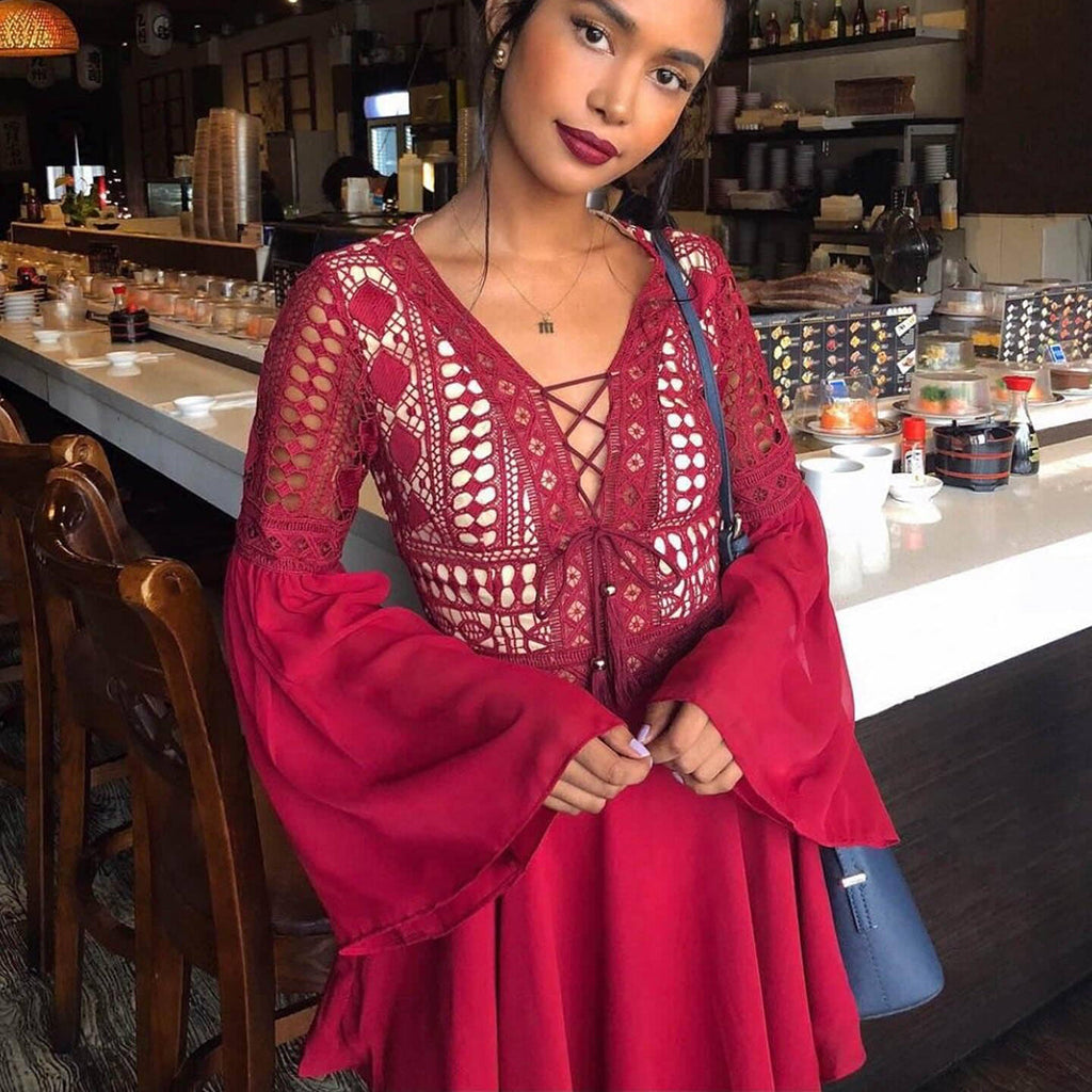 Valenzora | Boho Style Mini Dress, Flare Fit, Deep V-Neck, Long Trumpet Sleeves