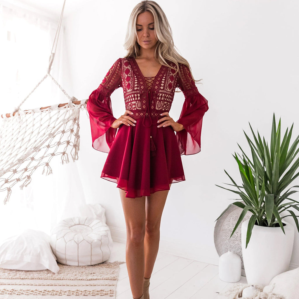 Valenzora | Boho Style Mini Dress, Flare Fit, Deep V-Neck, Long Trumpet Sleeves