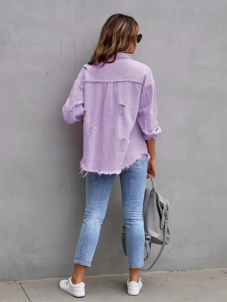 Valenzora Jeansjacke | Oversized zerrissene Jeansjacke für Damen