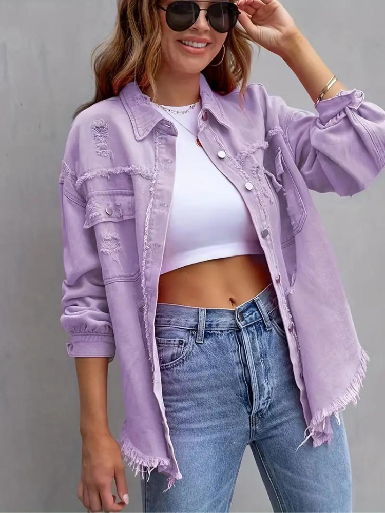 Valenzora Jeansjacke | Oversized zerrissene Jeansjacke für Damen
