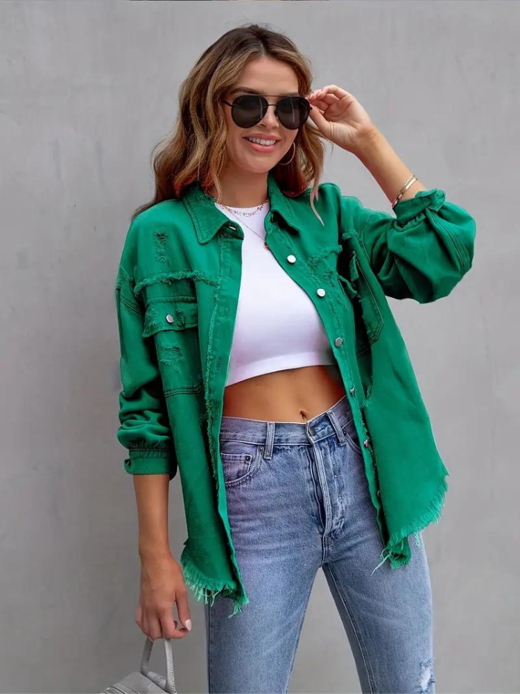 Valenzora Jeansjacke | Oversized zerrissene Jeansjacke für Damen
