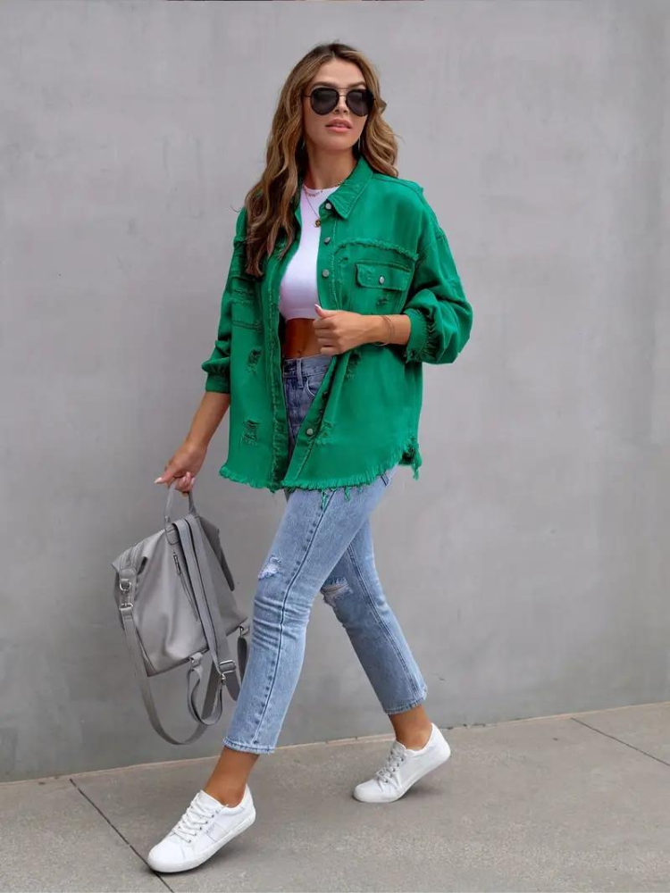 Valenzora Jeansjacke | Oversized zerrissene Jeansjacke für Damen