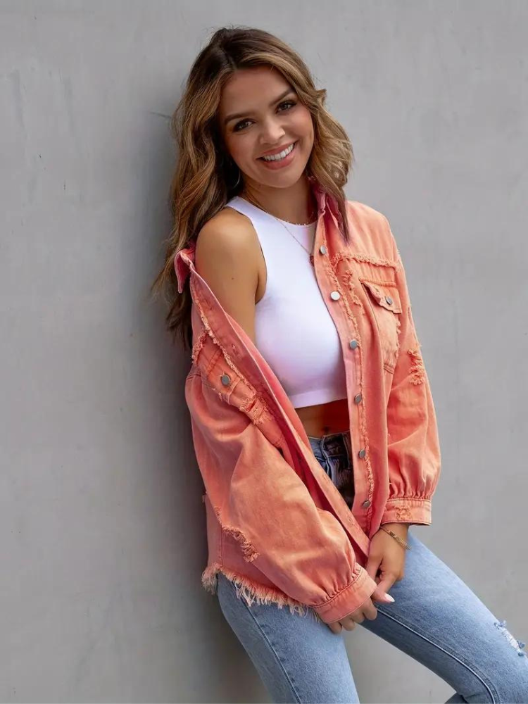 Valenzora Jeansjacke | Oversized zerrissene Jeansjacke für Damen