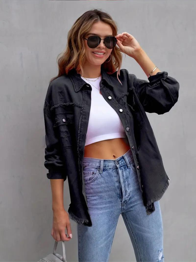 Valenzora Jeansjacke | Oversized zerrissene Jeansjacke für Damen