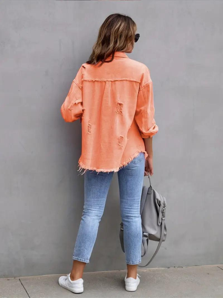 Valenzora Jeansjacke | Oversized zerrissene Jeansjacke für Damen