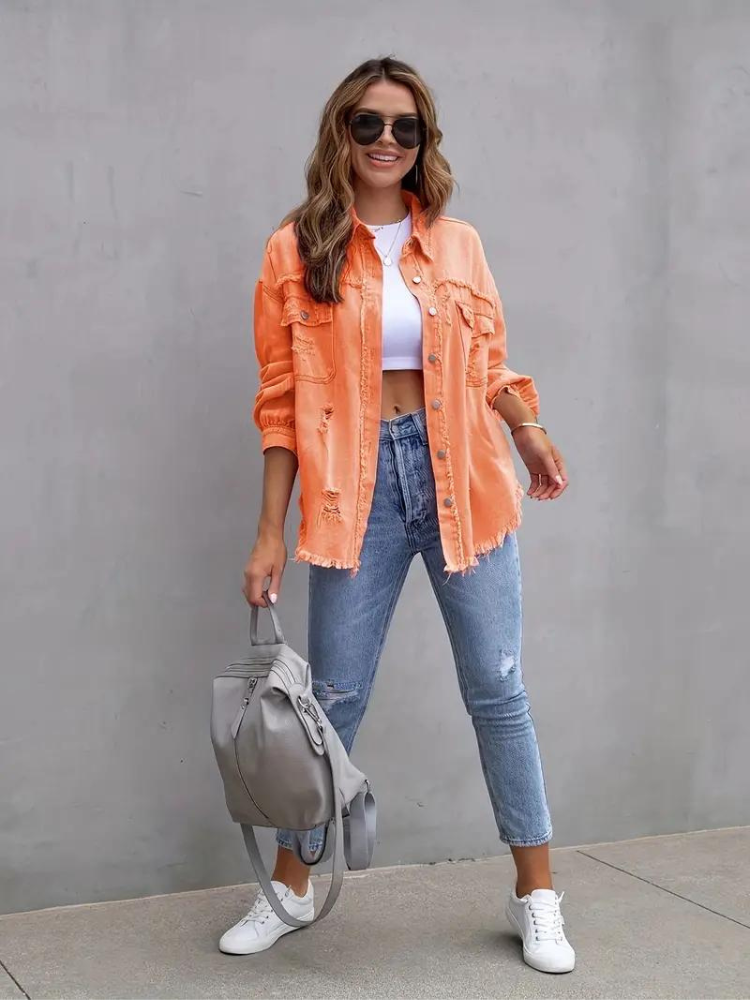 Valenzora Jeansjacke | Oversized zerrissene Jeansjacke für Damen