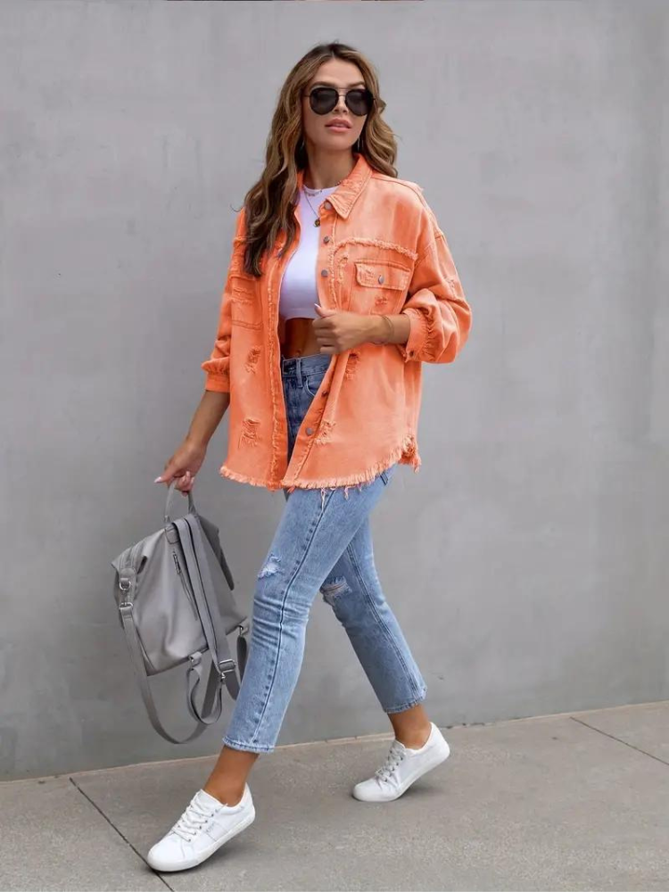 Valenzora Jeansjacke | Oversized zerrissene Jeansjacke für Damen