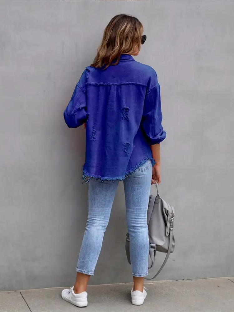 Valenzora Jeansjacke | Oversized zerrissene Jeansjacke für Damen