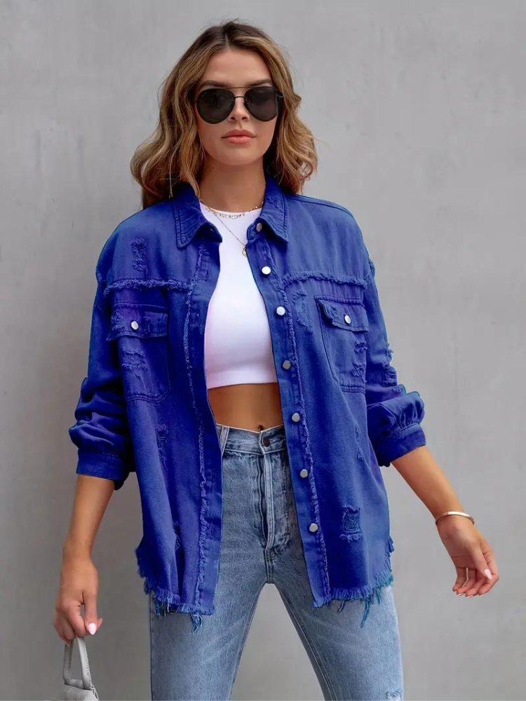 Valenzora Jeansjacke | Oversized zerrissene Jeansjacke für Damen