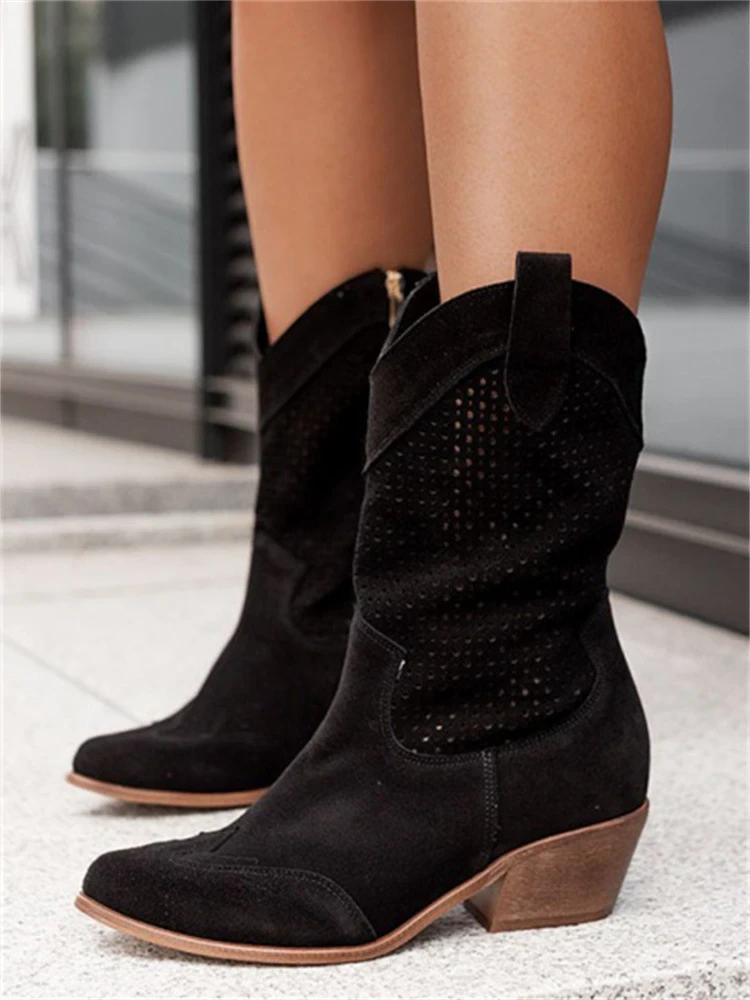 Valenzora | White Perforated Cowboy Boots with Flat Heel for Women