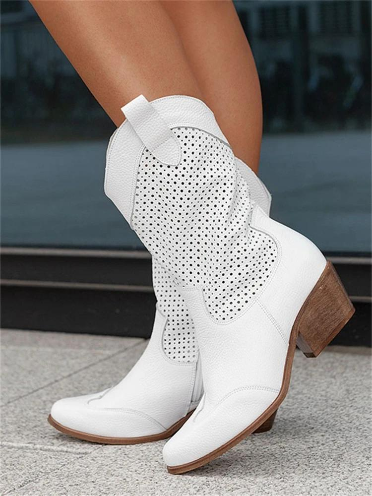 Valenzora | White openwork cowboy boots with a flat heel for women