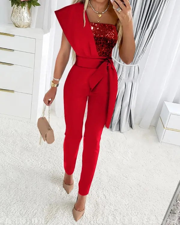 Valenzora | One Shoulder Jumpsuit with Sequins and Waistband