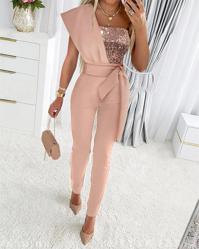 Valenzora | One Shoulder Jumpsuit with Sequins and Waistband
