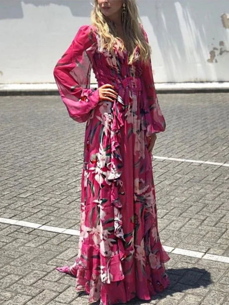 Valenzora | Long-sleeved summer dress with V-neck and high waist