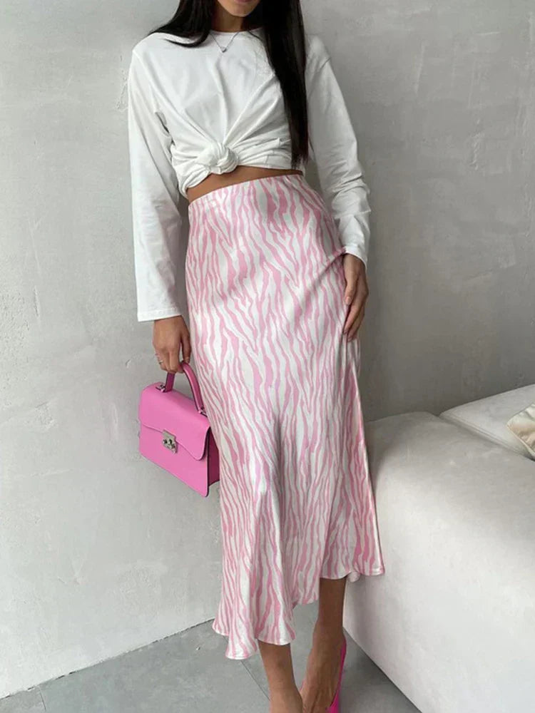 Valenzora | Summer Autumn Women's Elegant Midi Satin Skirts Printed High Waist Office Women's Bodycon Pencil Tight Skirt for Women