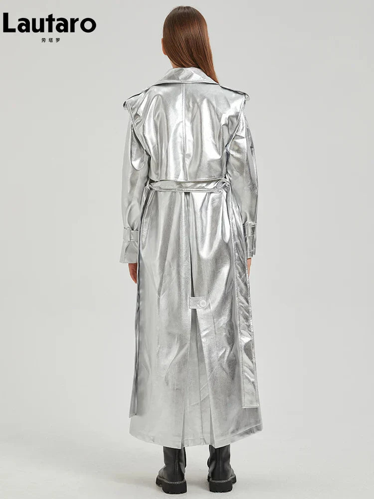 Valenzora | Lautaro Herbst Extra Langer Gold Glänzender Lack-PU-Leder Trenchcoat für Damen Einfache Schnalle Luxus Designer Übermantel
