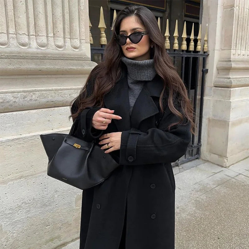 Valenzora | Eleganter Damen-Maxi-Mantel mit doppelreihiger Knopfleiste und Gürtel